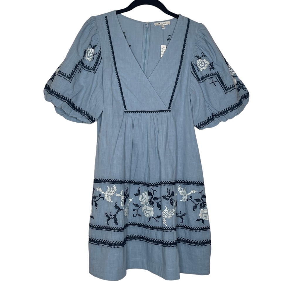 Madewell Dress Blue Embroidered Mini Puff Sleeve Cotton Flowy Tunic SZ 0
